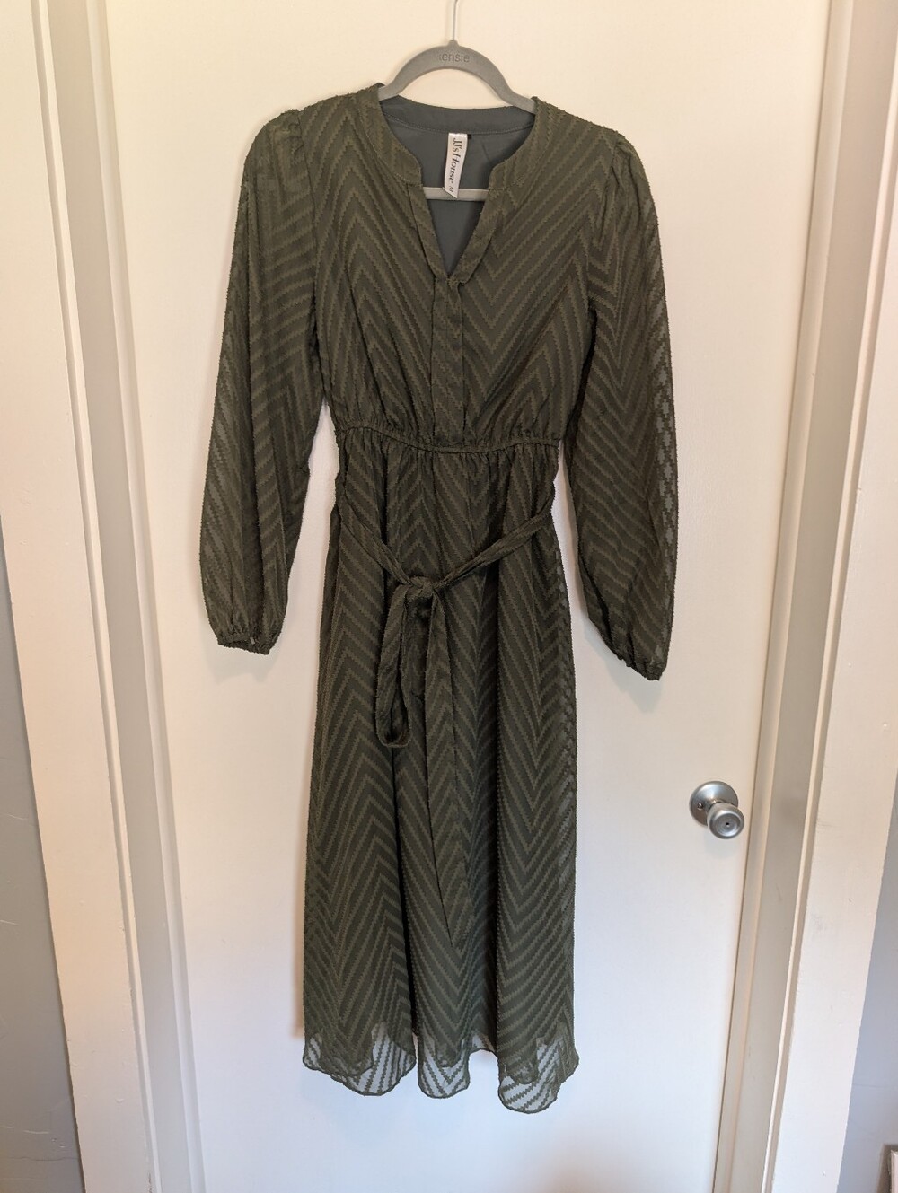 Olive Green Long Sleeve Midi Dress with Waist Tie